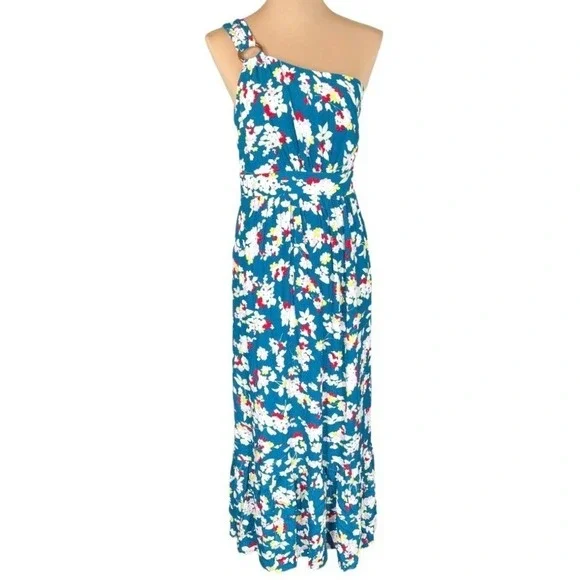 Anthropologie One‎ Shoulder Floral Maxi Dress Teal Ring Strap Petite 12P NWT - Picture 3 of 15